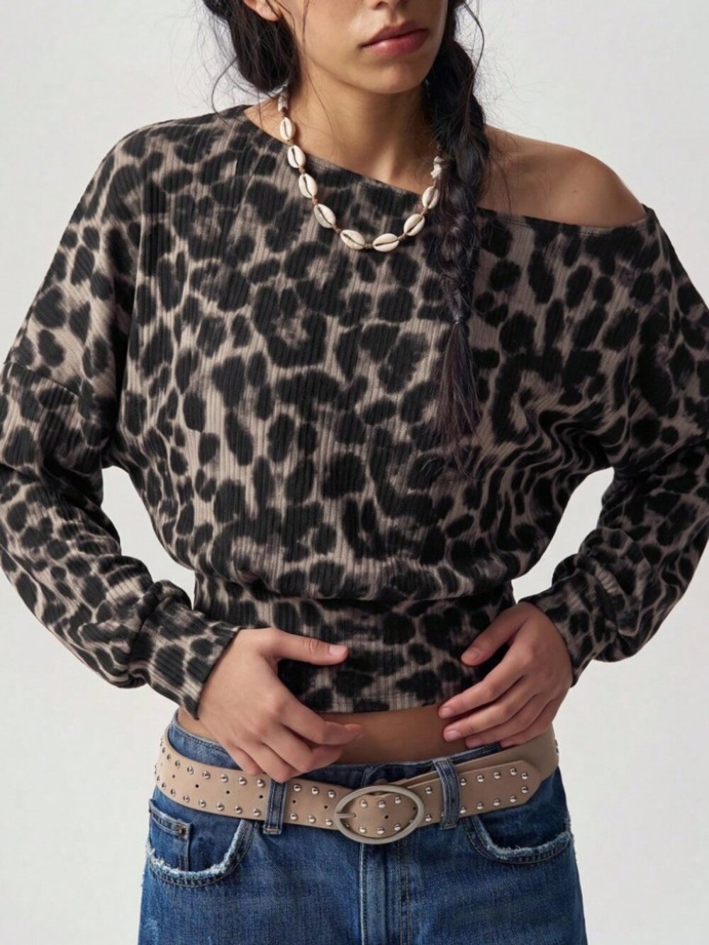 Brown Leopard Print Ribbed Knit Off Shoulder Long Sleeve Top